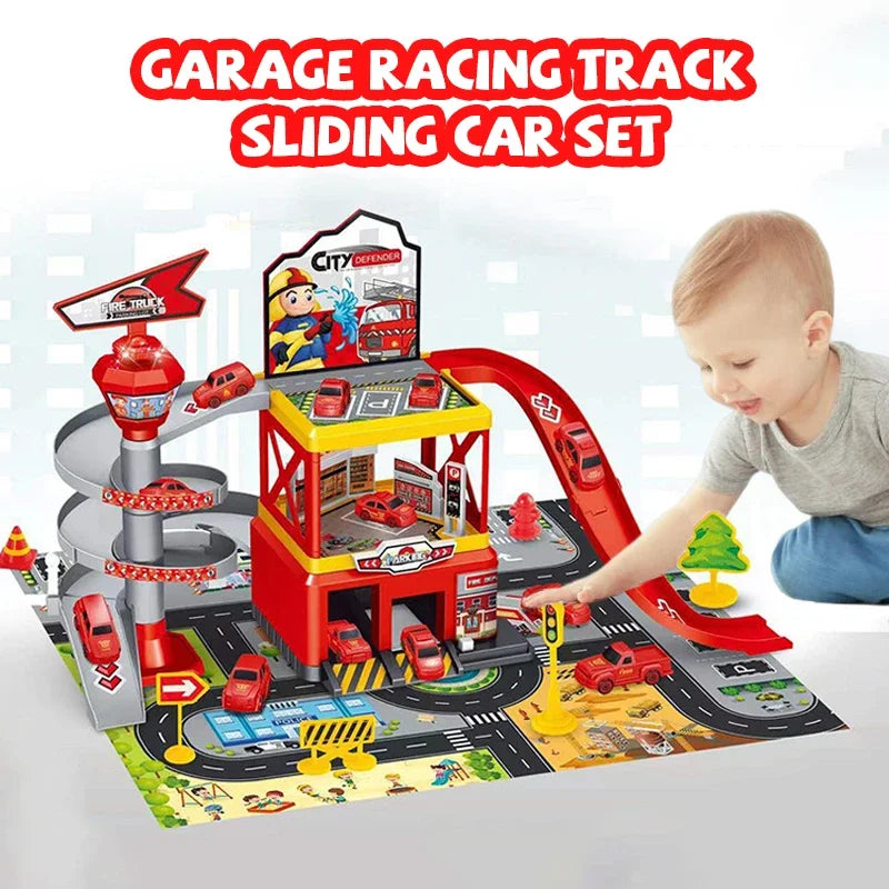 Garage Racing Track Sliding Car Parking Lot Toys Multi-Storey Car Parking Fire Police Engineering Mini Vehicle Toy for Boys Gift