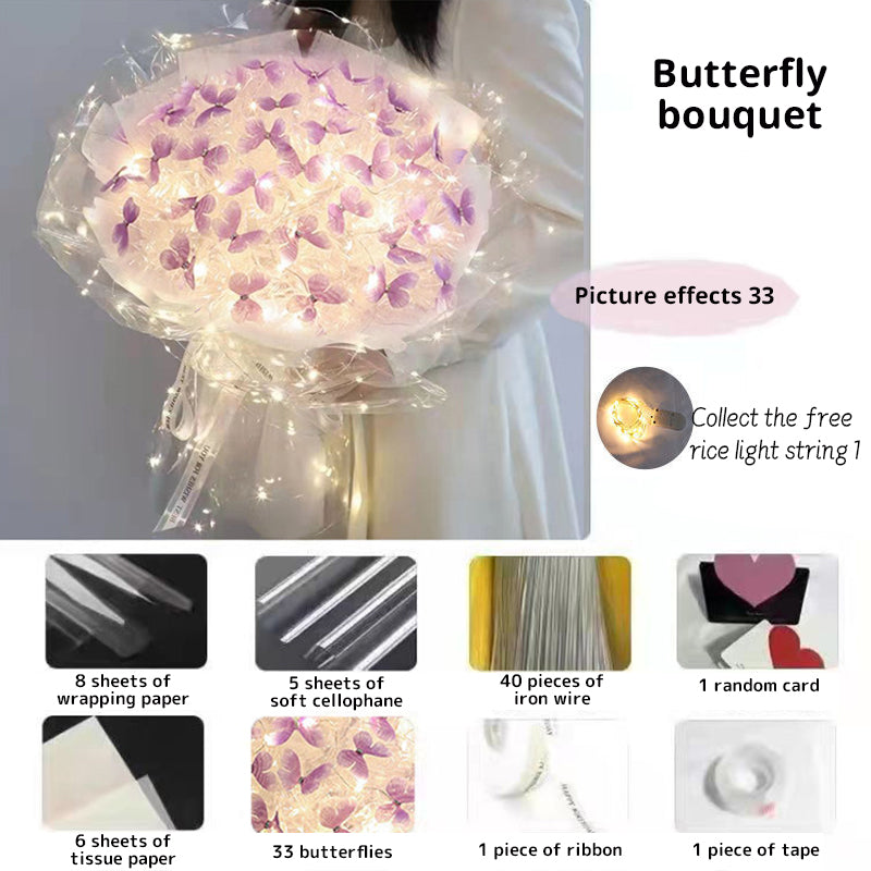 New DIY Butterfly Bouquets Handmade Butterfly Flower Material Package Bouquet with Light String Wedding Decor Gift for Girlfrien