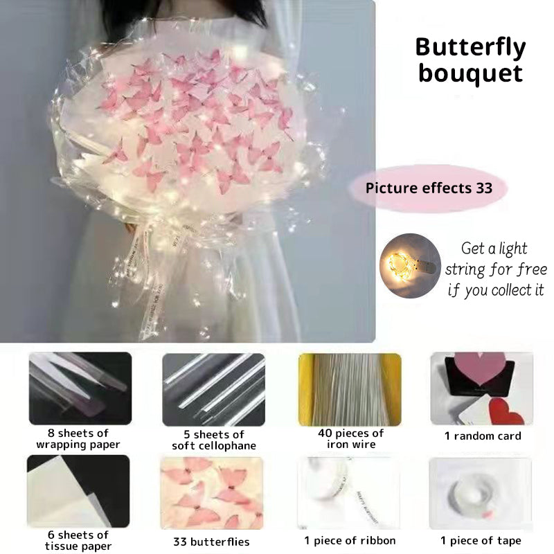 New DIY Butterfly Bouquets Handmade Butterfly Flower Material Package Bouquet with Light String Wedding Decor Gift for Girlfrien