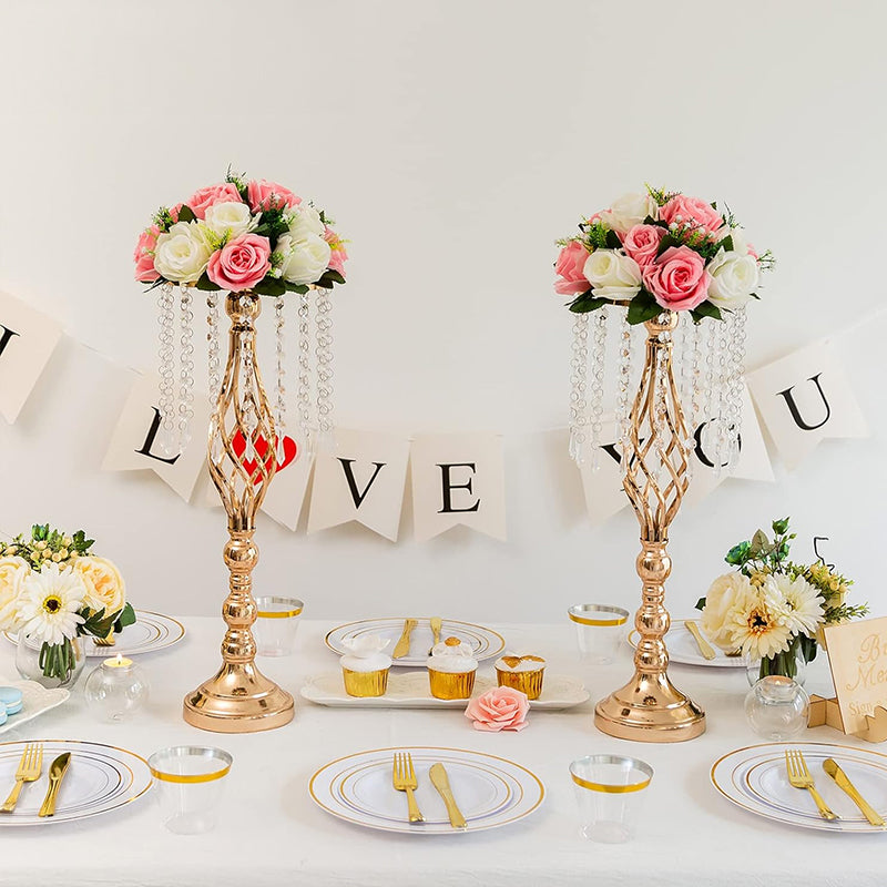 Wrought Iron Metal Flower Stand with Crystal Acrylic Beads Hanging Flower Arrangement, Gold-Plated Decoration for Wedding Tables