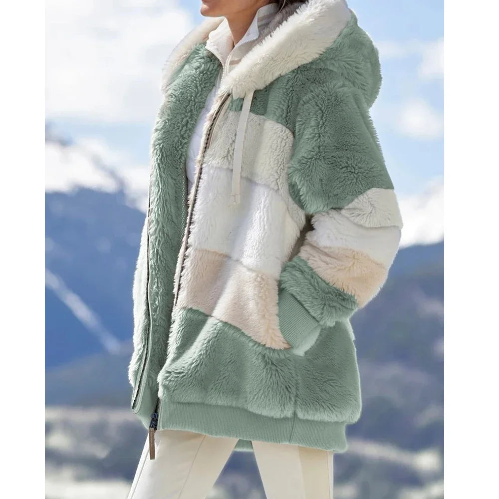 Winter Fashion Women's Coat 2024 Hooded Zipper Ladies Jacket Spliced Thick Cashmere Women Jacket Stitching Plaid Ladies Coats