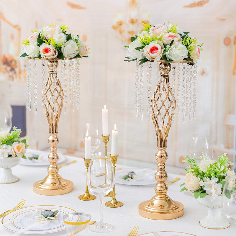 Wrought Iron Metal Flower Stand with Crystal Acrylic Beads Hanging Flower Arrangement, Gold-Plated Decoration for Wedding Tables