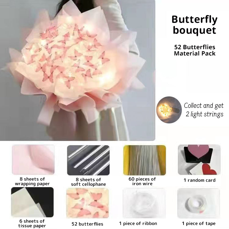 New DIY Butterfly Bouquets Handmade Butterfly Flower Material Package Bouquet with Light String Wedding Decor Gift for Girlfrien