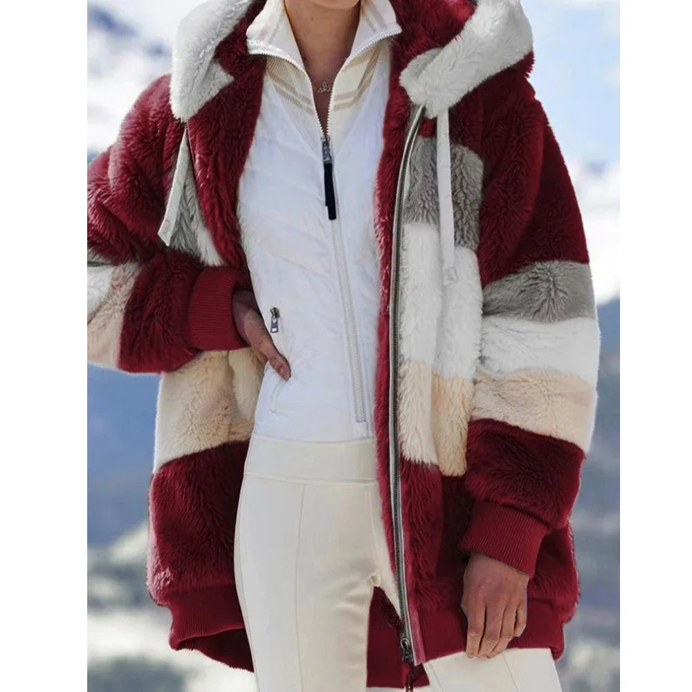 Winter Fashion Women's Coat 2024 Hooded Zipper Ladies Jacket Spliced Thick Cashmere Women Jacket Stitching Plaid Ladies Coats