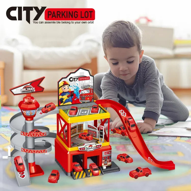 Garage Racing Track Sliding Car Parking Lot Toys Multi-Storey Car Parking Fire Police Engineering Mini Vehicle Toy for Boys Gift