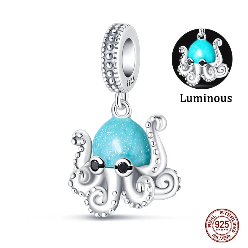 Fit Qikaola 925 Original Bracelets Blue Zircon Owl Luminous Sea Turtle Octopus 925 Silver Charms Beads DIY Birthday Jewelry Gift